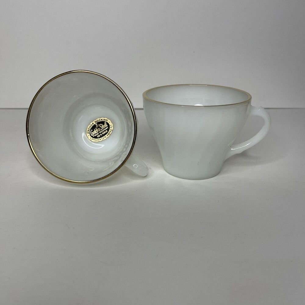 2 Anchor Hocking Fire‎ King Coffee Cups Cup Golden Shell Sticker Milk Glass Mug